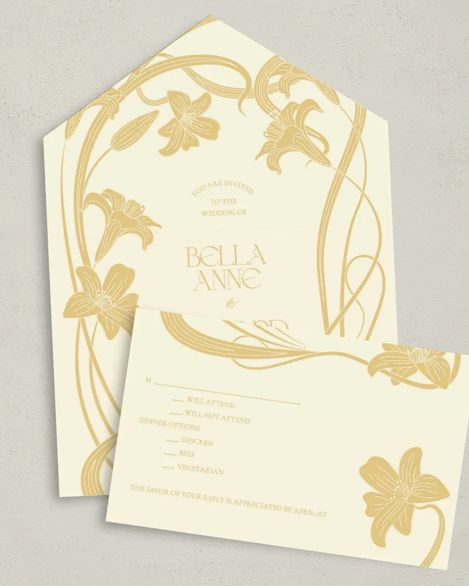 This is a 6" x 4½" All-in-One Wedding Invitation called Water Lily printed in full color on Premium Smooth paper