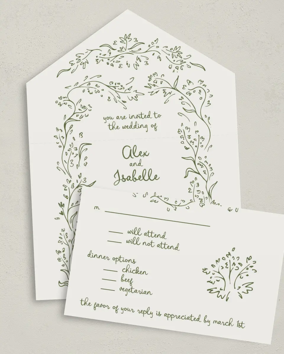 This is a 6" x 4½" All-in-One Wedding Invitation called Sweet Woodland printed in full color on Premium Smooth paper