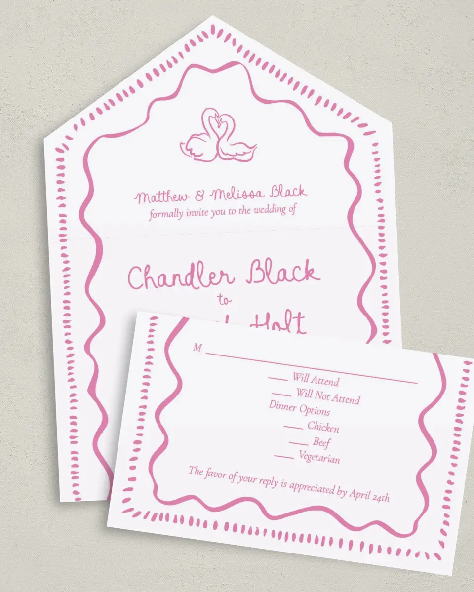This is a 6" x 4½" All-in-One Wedding Invitation called Swan Love printed in full color on Premium Smooth paper