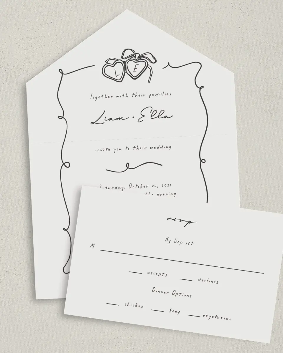 This is a 6" x 4½" All-in-One Wedding Invitation called Locket of Love printed in full color on Premium Smooth paper