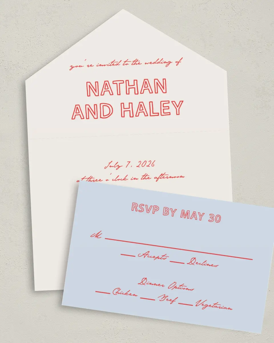 This is a 6" x 4½" All-in-One Wedding Invitation called Bold & Bright printed in full color on Premium Smooth paper