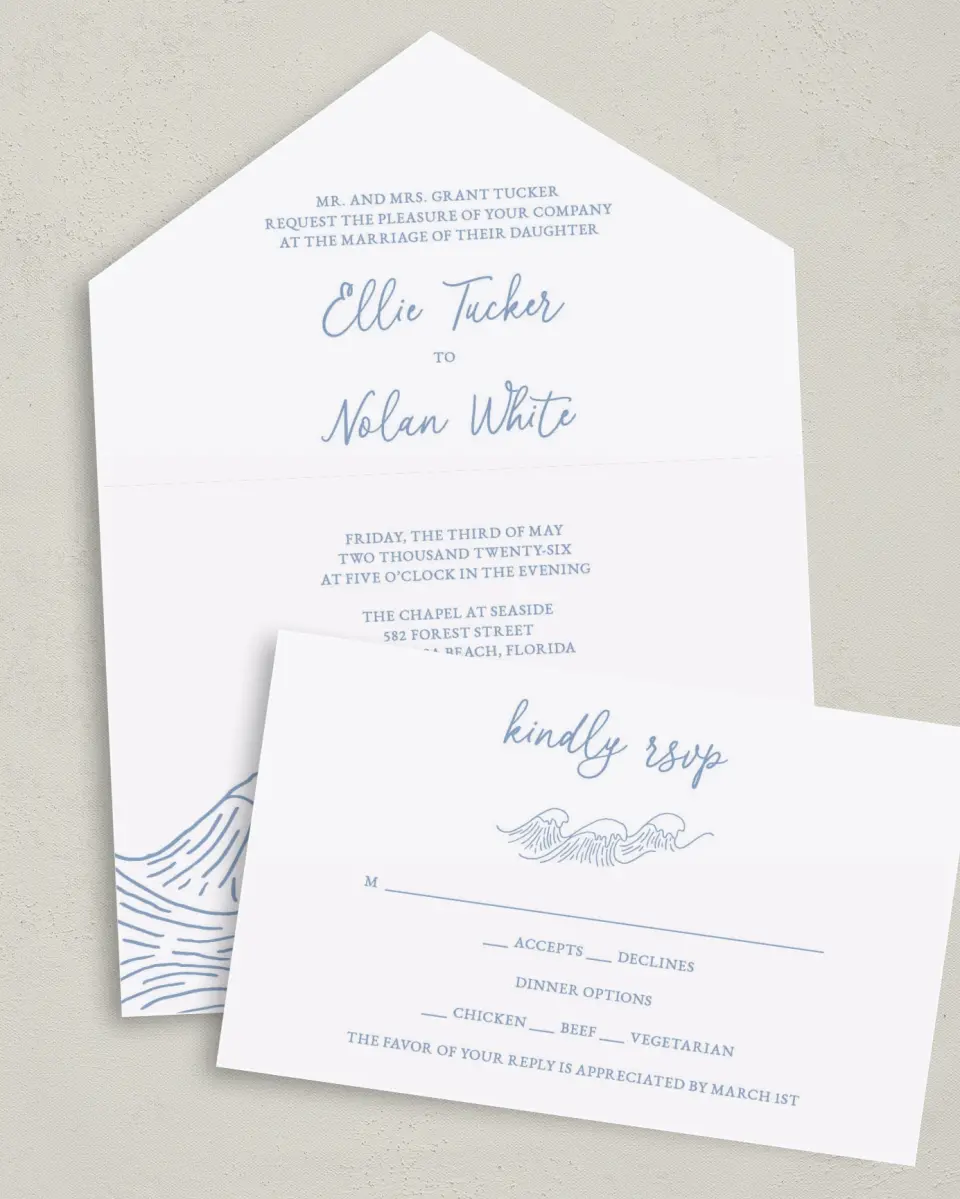 This is a 6" x 4½" All-in-One Wedding Invitation called Wave of Love printed in full color on Premium Smooth paper