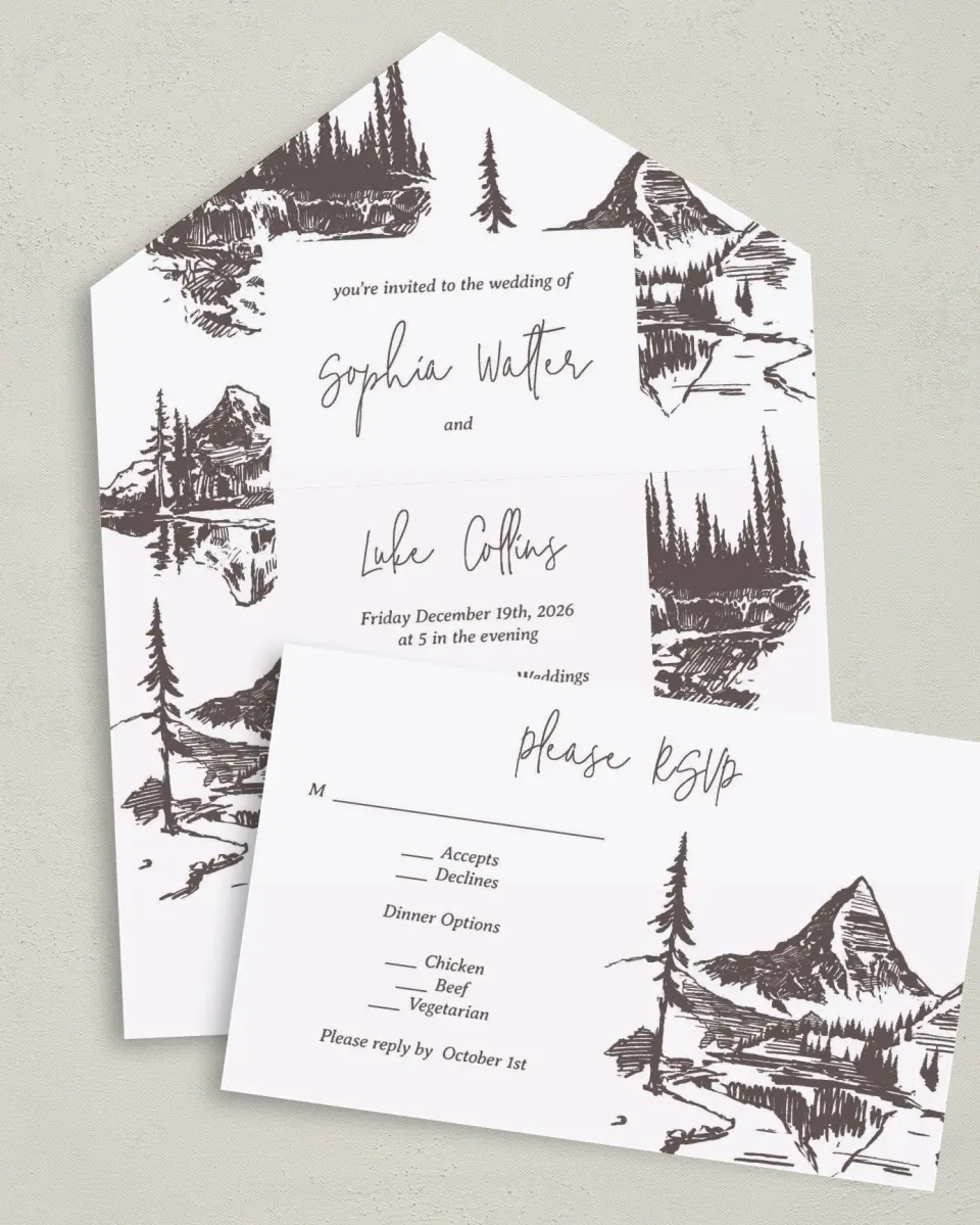This is a 6" x 4½" All-in-One Wedding Invitation called Mountain Bliss printed in full color on Premium Smooth paper
