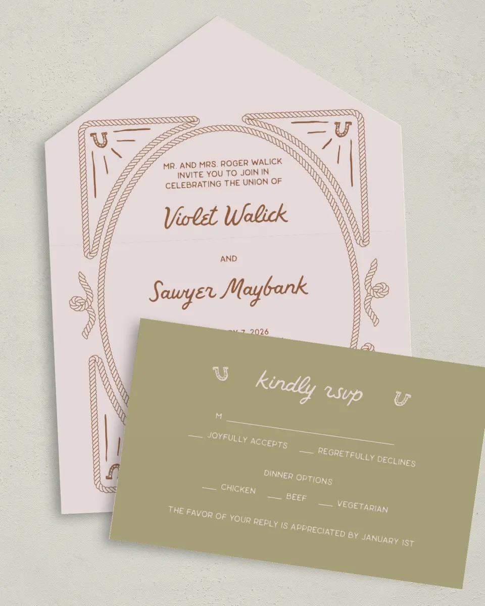 This is a 6" x 4½" All-in-One Wedding Invitation called Western Whimsy printed in full color on Premium Smooth paper