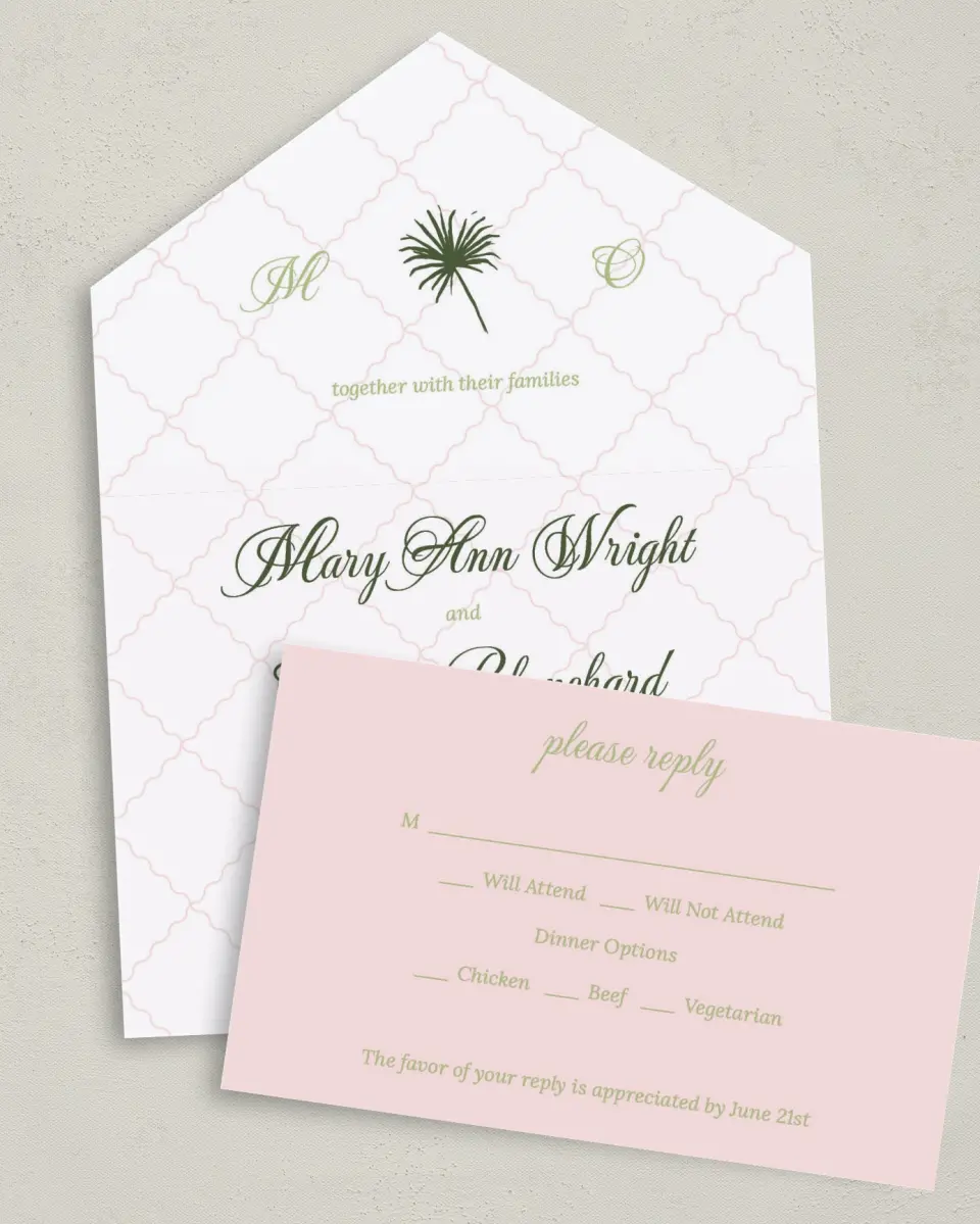 This is a 6" x 4½" All-in-One Wedding Invitation called Palm Paradise printed in full color on Premium Smooth paper