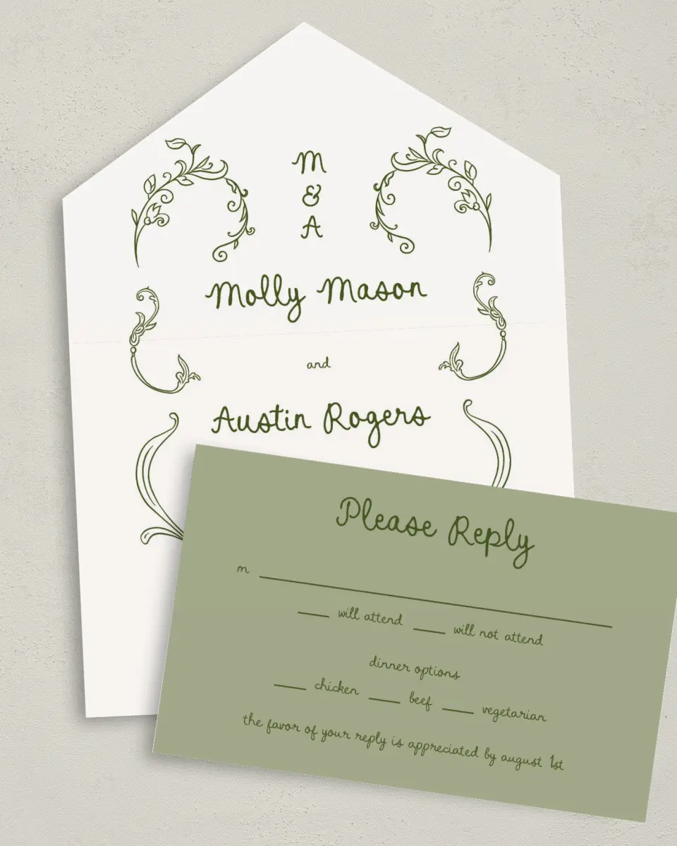 This is a 6" x 4½" All-in-One Wedding Invitation called Evergreen Elegance printed in full color on Premium Smooth paper