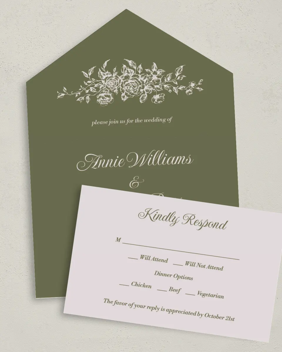 This is a 6" x 4½" All-in-One Wedding Invitation called Meadow of Merriment printed in full color on Premium Smooth paper