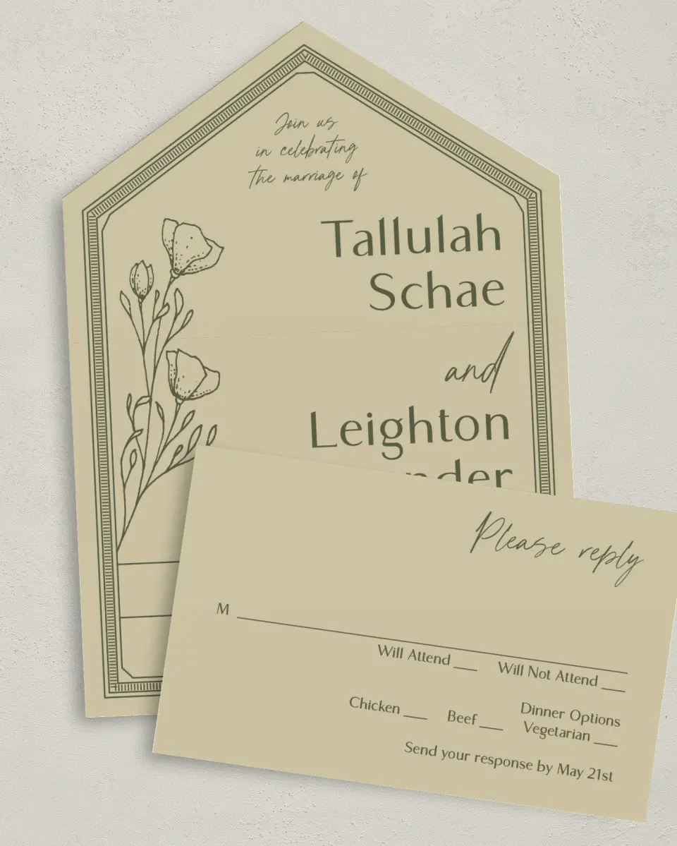 This is a 6" x 4½" All-in-One Wedding Invitation called Idyllic Love printed in full color on Premium Smooth paper