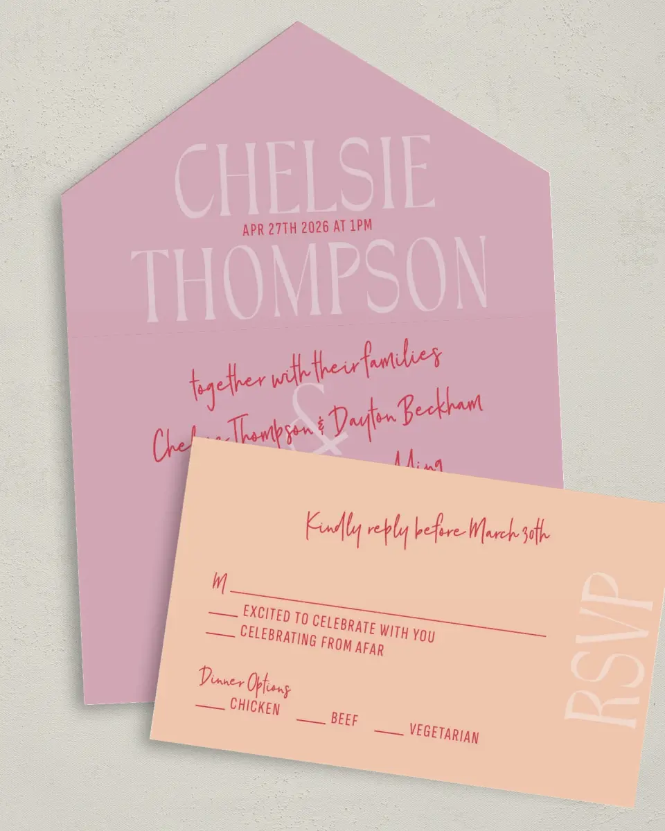 This is a 6" x 4½" All-in-One Wedding Invitation called Lovey-Dovey printed in full color on Premium Smooth paper