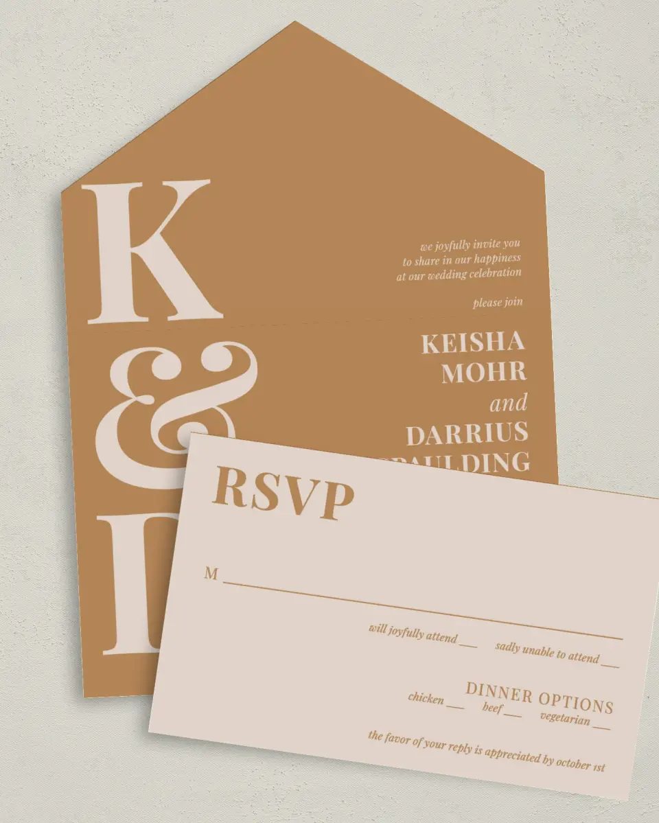 This is a 6" x 4½" All-in-One Wedding Invitation called Bold Romance printed in full color on Premium Smooth paper