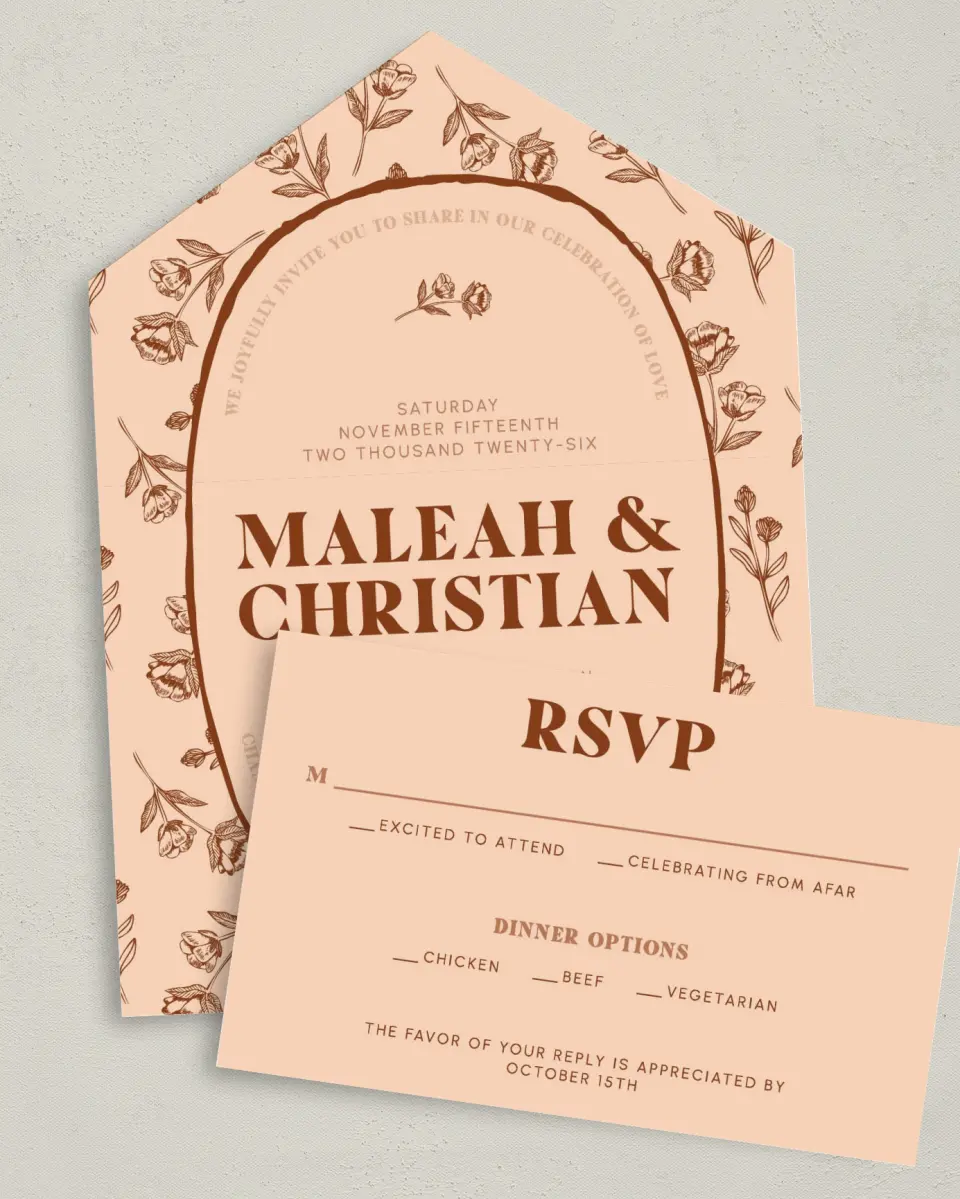 This is a 6" x 4½" All-in-One Wedding Invitation called Agrestal printed in full color on Premium Smooth paper