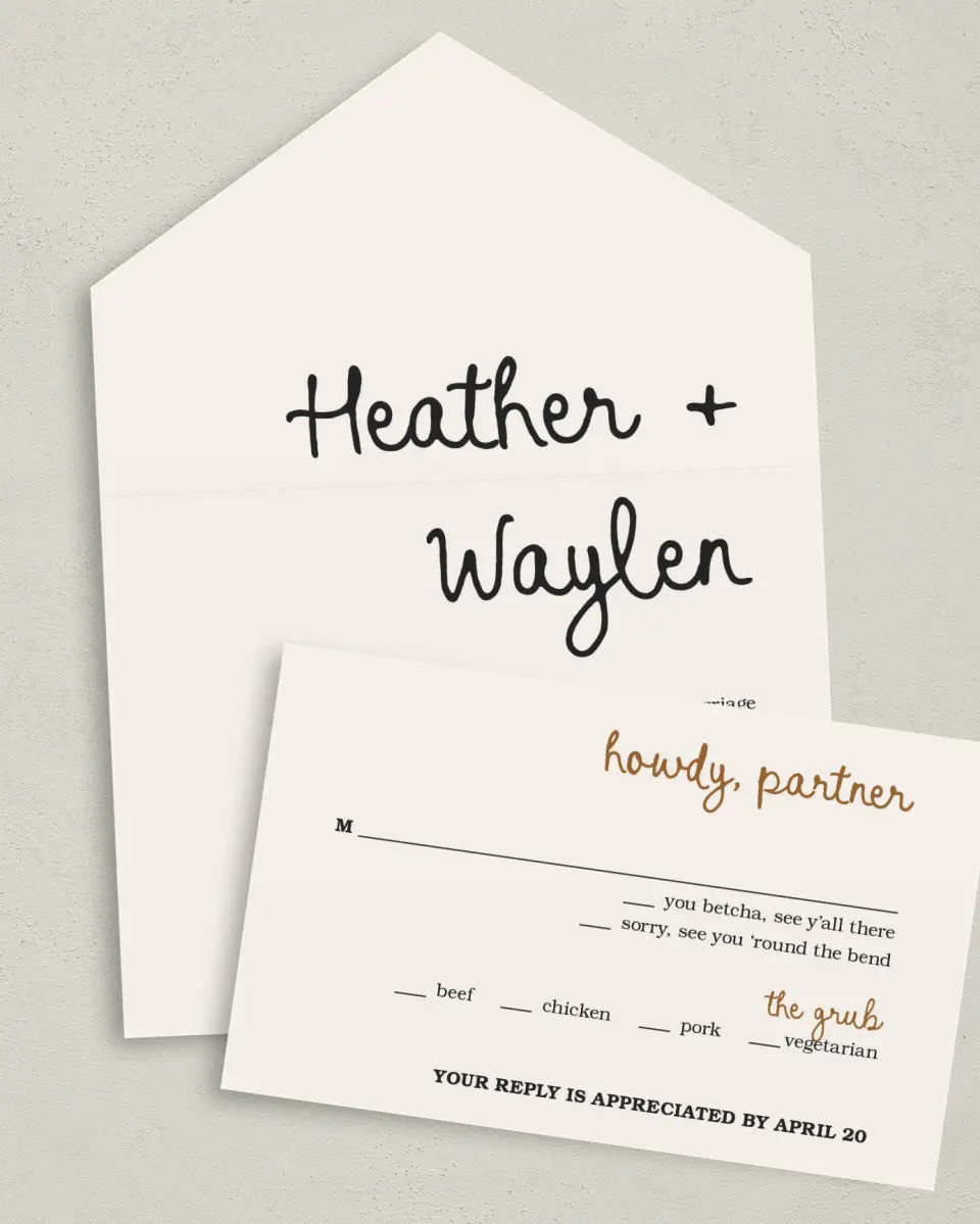This is a 6" x 4½" All-in-One Wedding Invitation called Head Over Boots printed in full color on Premium Smooth paper