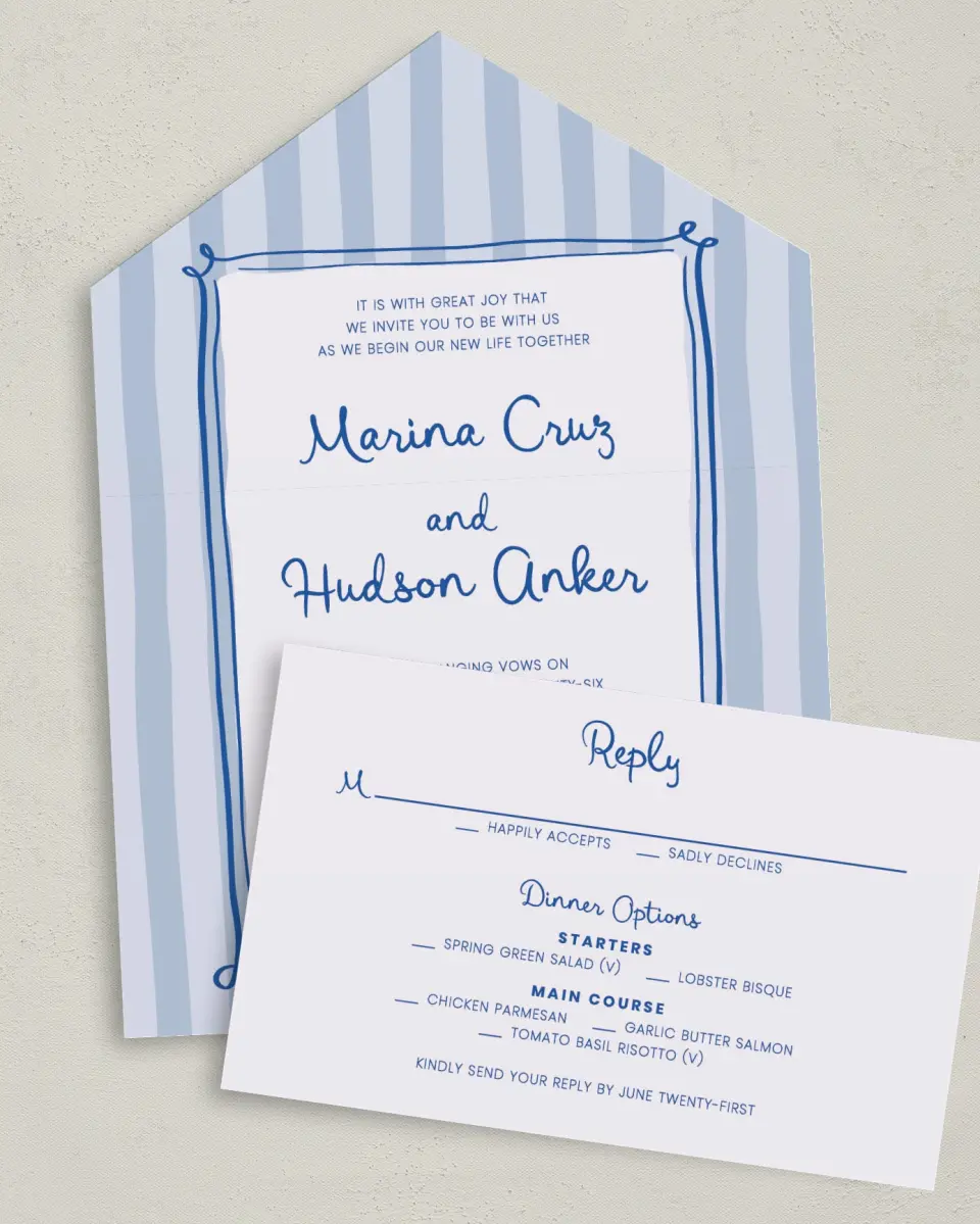 This is a 6" x 4½" All-in-One Wedding Invitation called Abyssal Love printed in full color on Premium Smooth paper