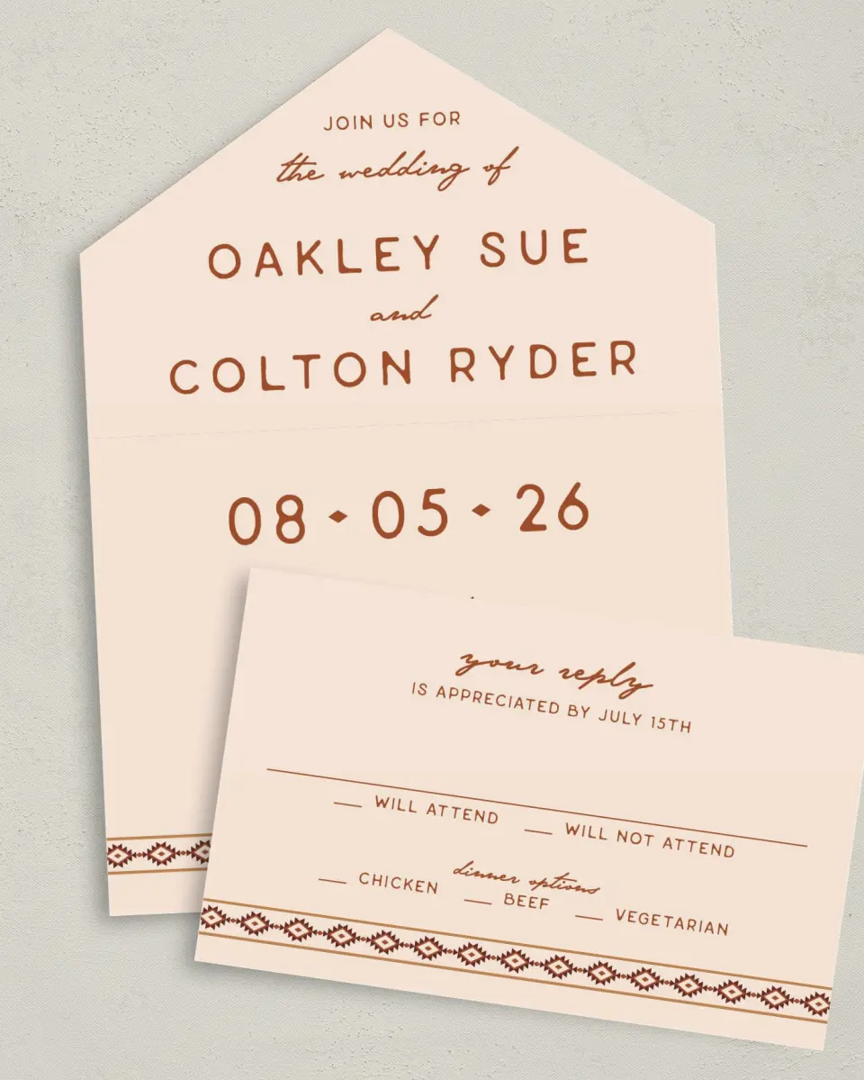 This is a 6" x 4½" All-in-One Wedding Invitation called Wild at Heart printed in full color on Premium Smooth paper