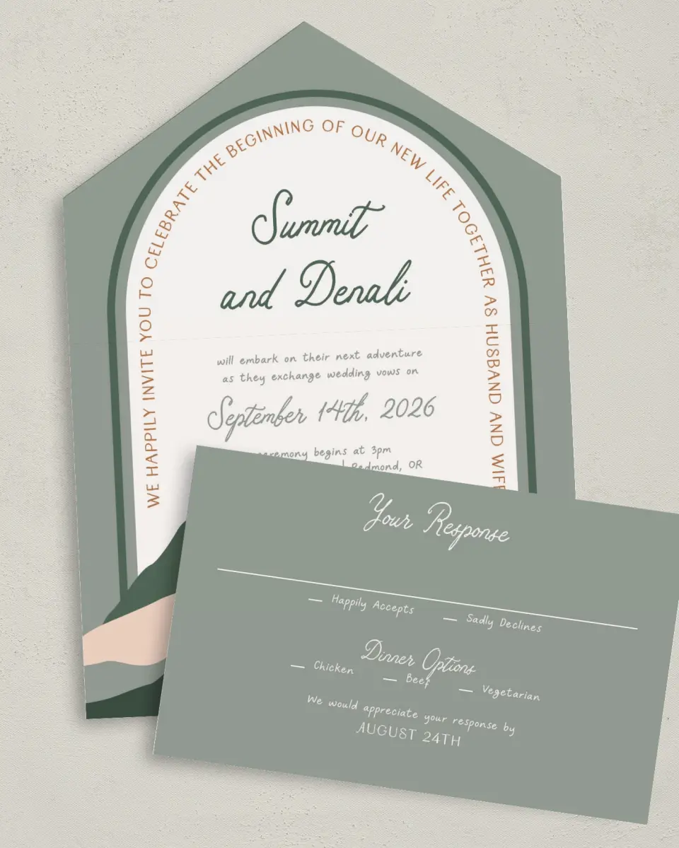 This is a 6" x 4½" All-in-One Wedding Invitation called Elevated Adventures printed in full color on Premium Smooth paper