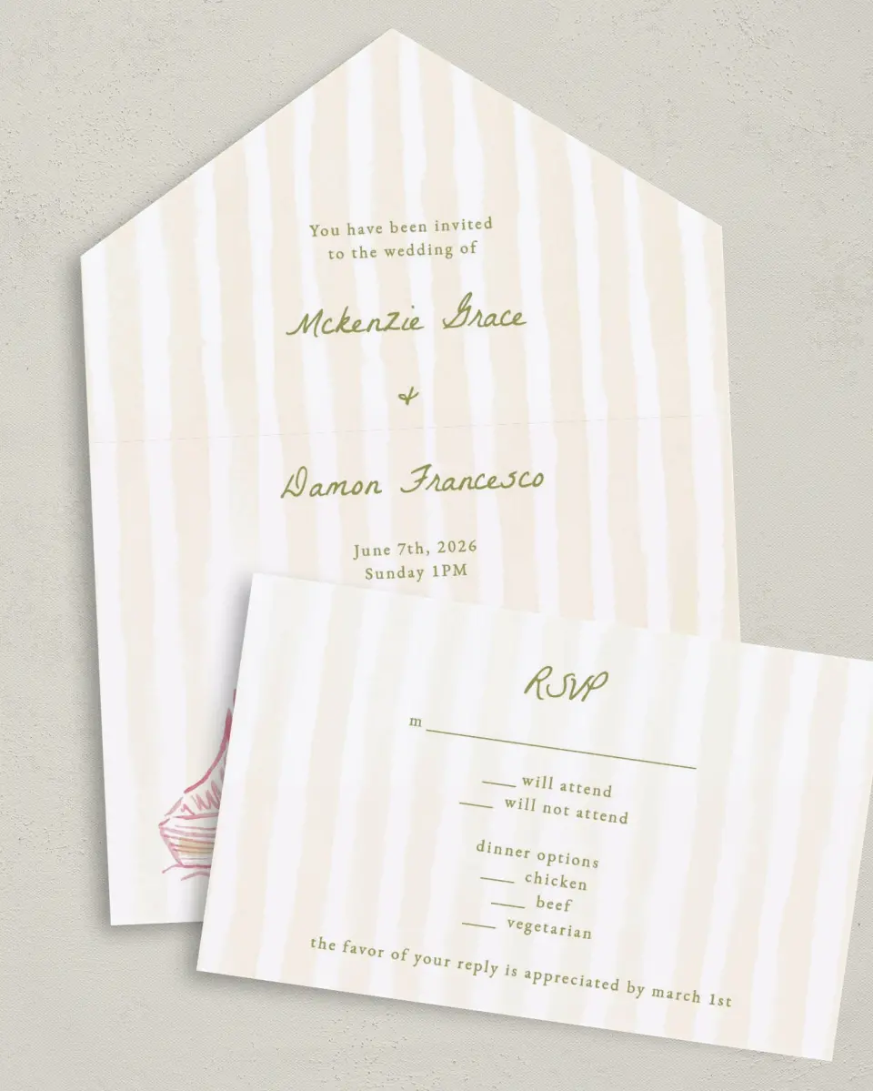 This is a 6" x 4½" All-in-One Wedding Invitation called Positano Daydream printed in full color on Premium Smooth paper