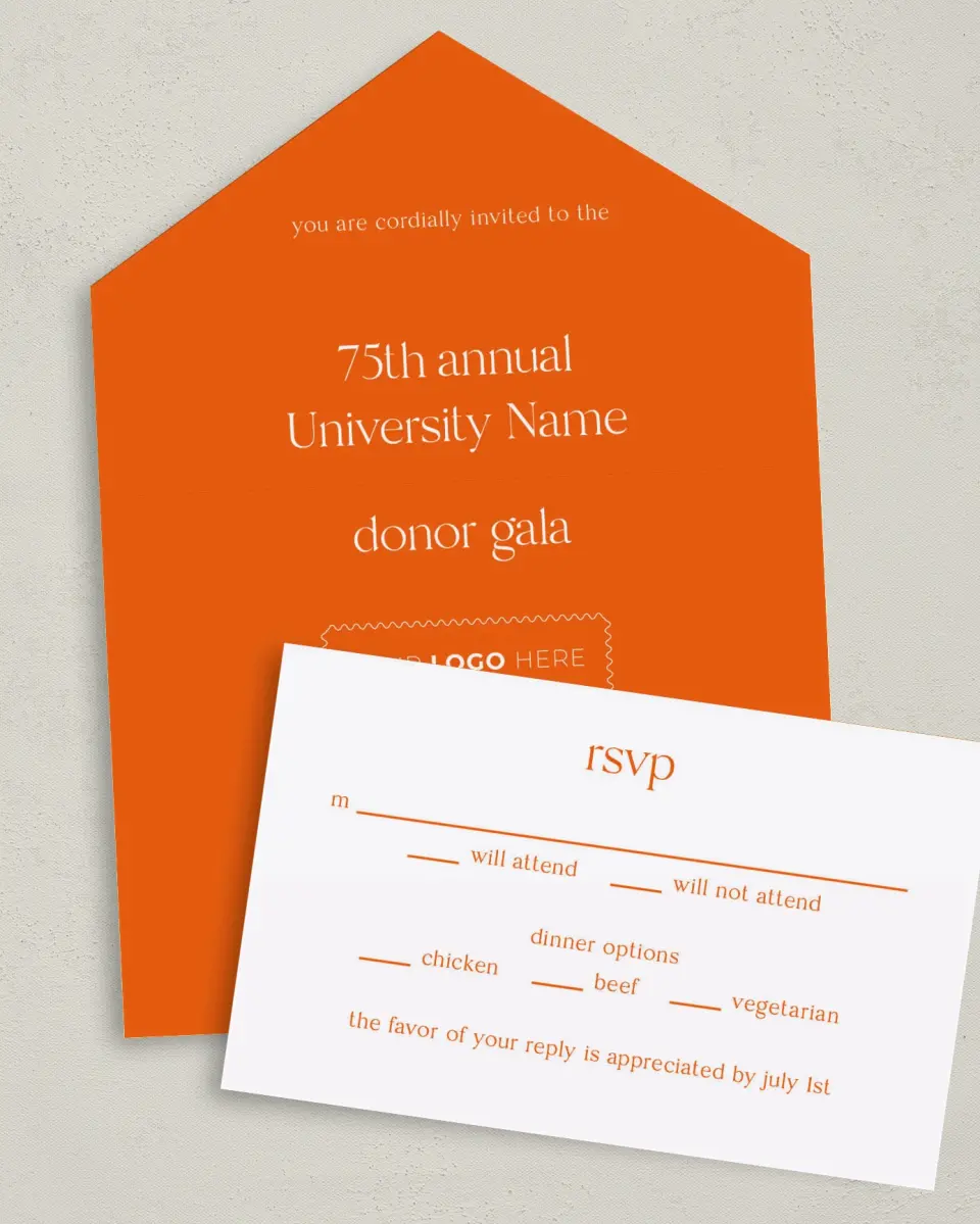 This is a 6" x 4½" All-in-One Wedding Invitation called Scholarly Soirée printed in full color on Premium Smooth paper