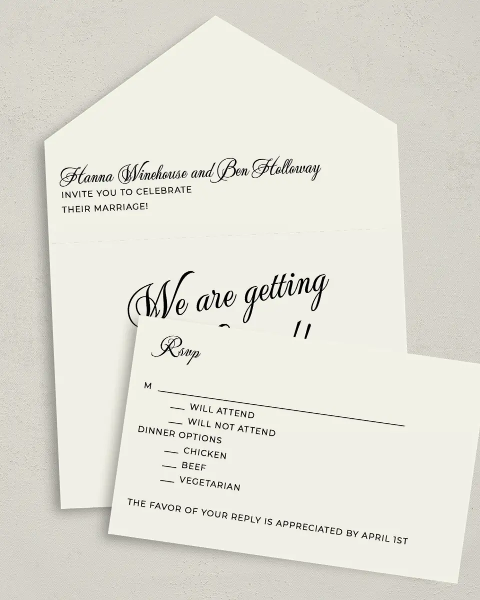 This is a 6" x 4½" All-in-One Wedding Invitation called Grand Party printed in full color on Premium Smooth paper