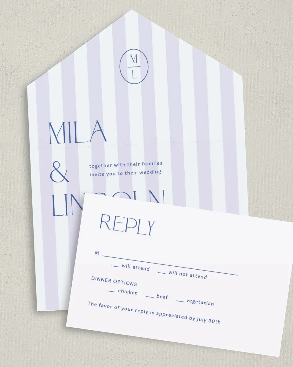 This is a 6" x 4½" All-in-One Wedding Invitation called The Mila printed in full color on Premium Smooth paper
