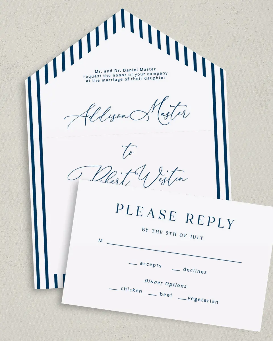 This is a 6" x 4½" All-in-One Wedding Invitation called The Addison printed in full color on Premium Smooth paper