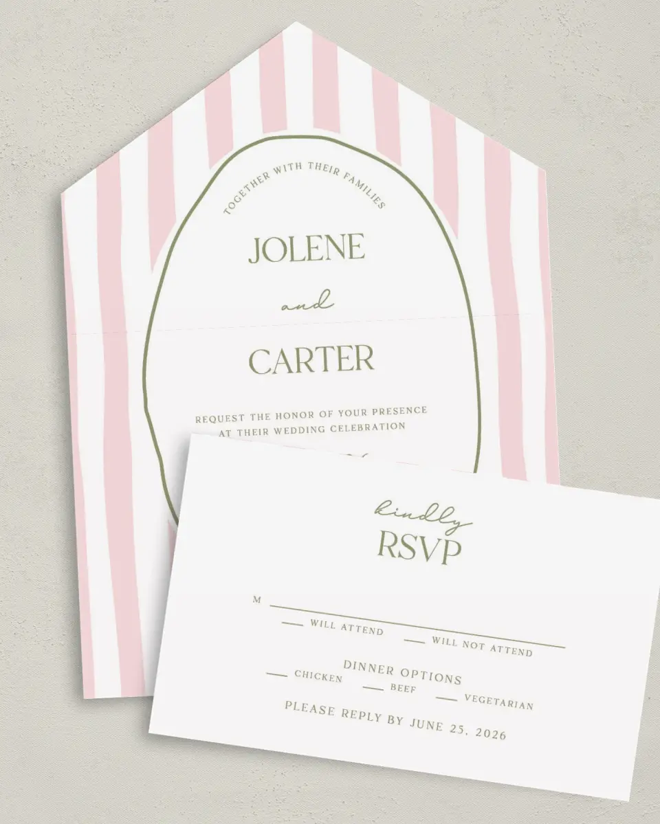 This is a 6" x 4½" All-in-One Wedding Invitation called The Jolene printed in full color on Premium Smooth paper
