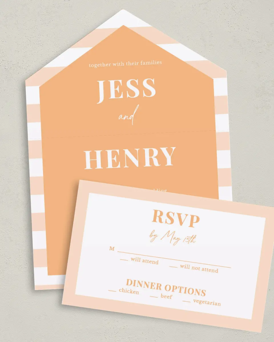 This is a 6" x 4½" All-in-One Wedding Invitation called The Jess printed in full color on Premium Smooth paper