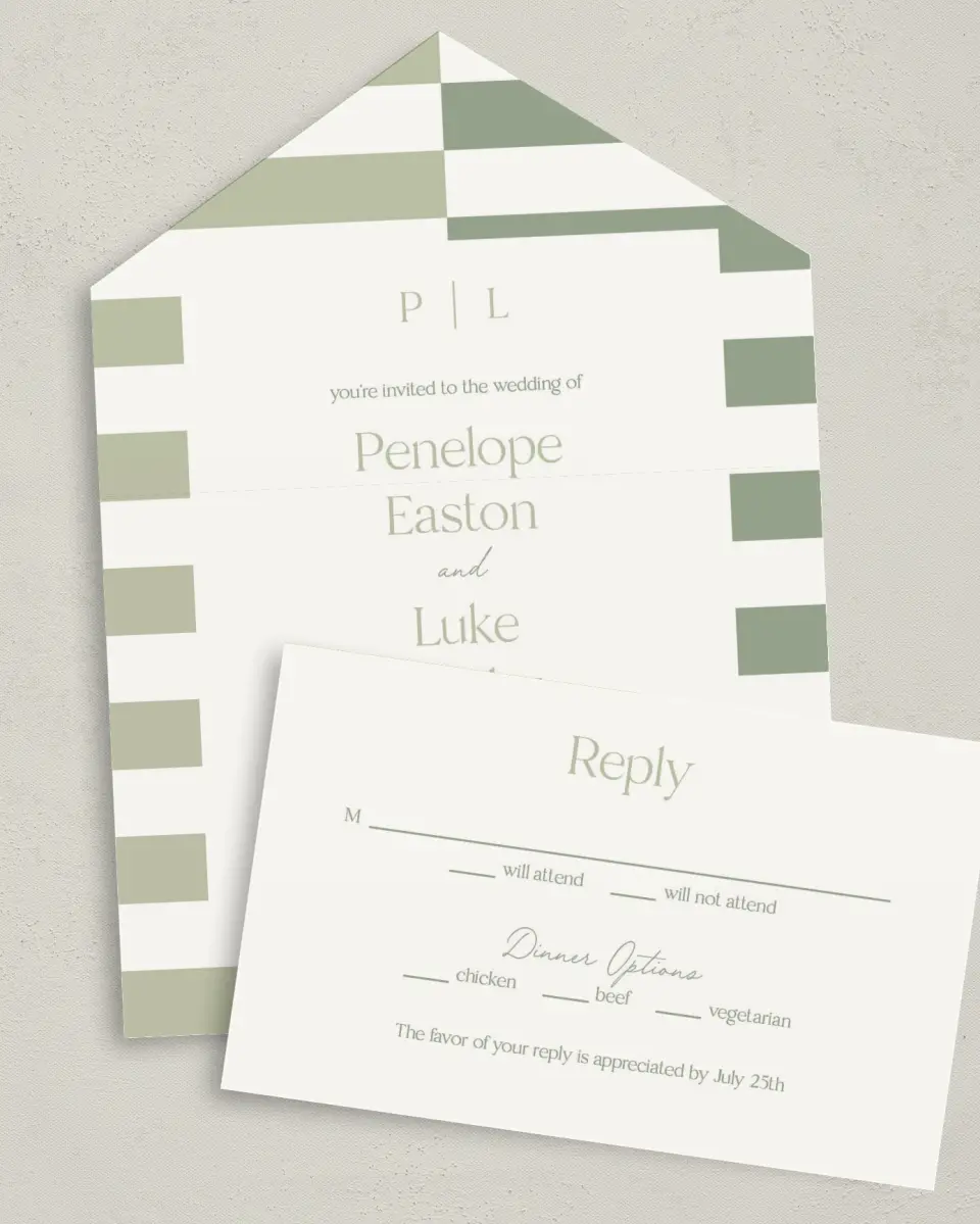 This is a 6" x 4½" All-in-One Wedding Invitation called The Penelope printed in full color on Premium Smooth paper