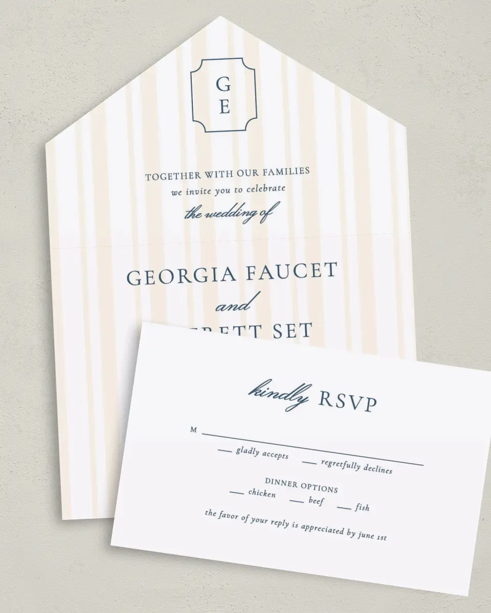 This is a 6" x 4½" All-in-One Wedding Invitation called The Georgia printed in full color on Premium Smooth paper