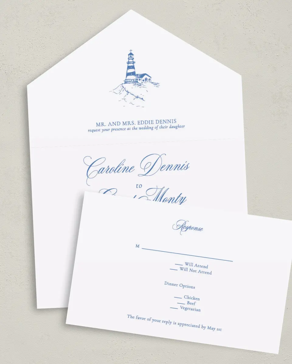 This is a 6" x 4½" All-in-One Wedding Invitation called Bradley printed in full color on Premium Smooth paper