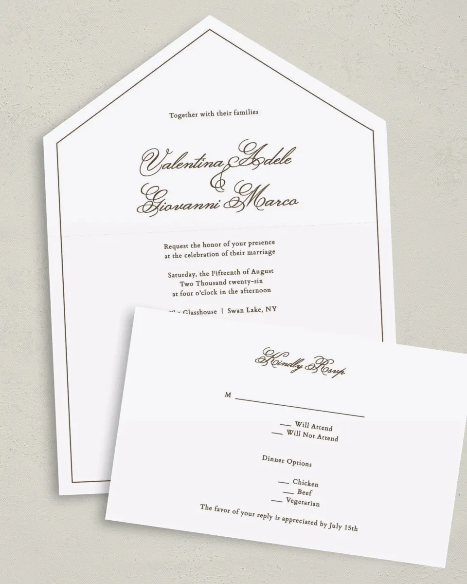 This is a 6" x 4½" All-in-One Wedding Invitation called Holloway printed in full color on Premium Smooth paper