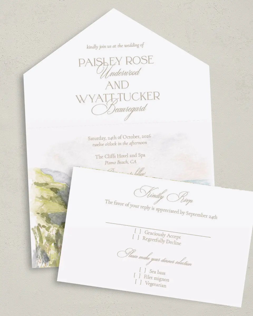 This is a 6" x 4½" All-in-One Wedding Invitation called Kensington printed in full color on Premium Smooth paper