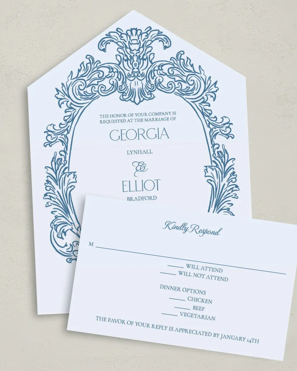 This is a 6" x 4½" All-in-One Wedding Invitation called Nantucket printed in full color on Premium Smooth paper