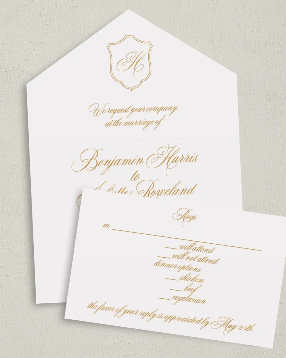 This is a 6" x 4½" All-in-One Wedding Invitation called Wayzata printed in full color on Premium Smooth paper
