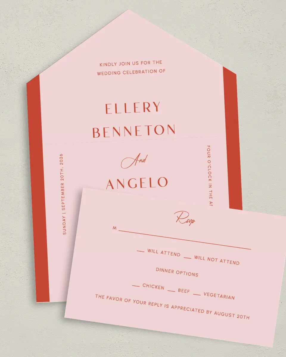 This is a 6" x 4½" All-in-One Wedding Invitation called Boathouse Bliss printed in full color on Premium Smooth paper