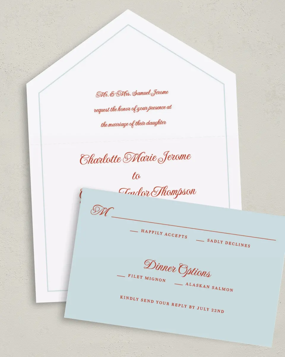 This is a 6" x 4½" All-in-One Wedding Invitation called Mod Elegance printed in full color on Premium Smooth paper
