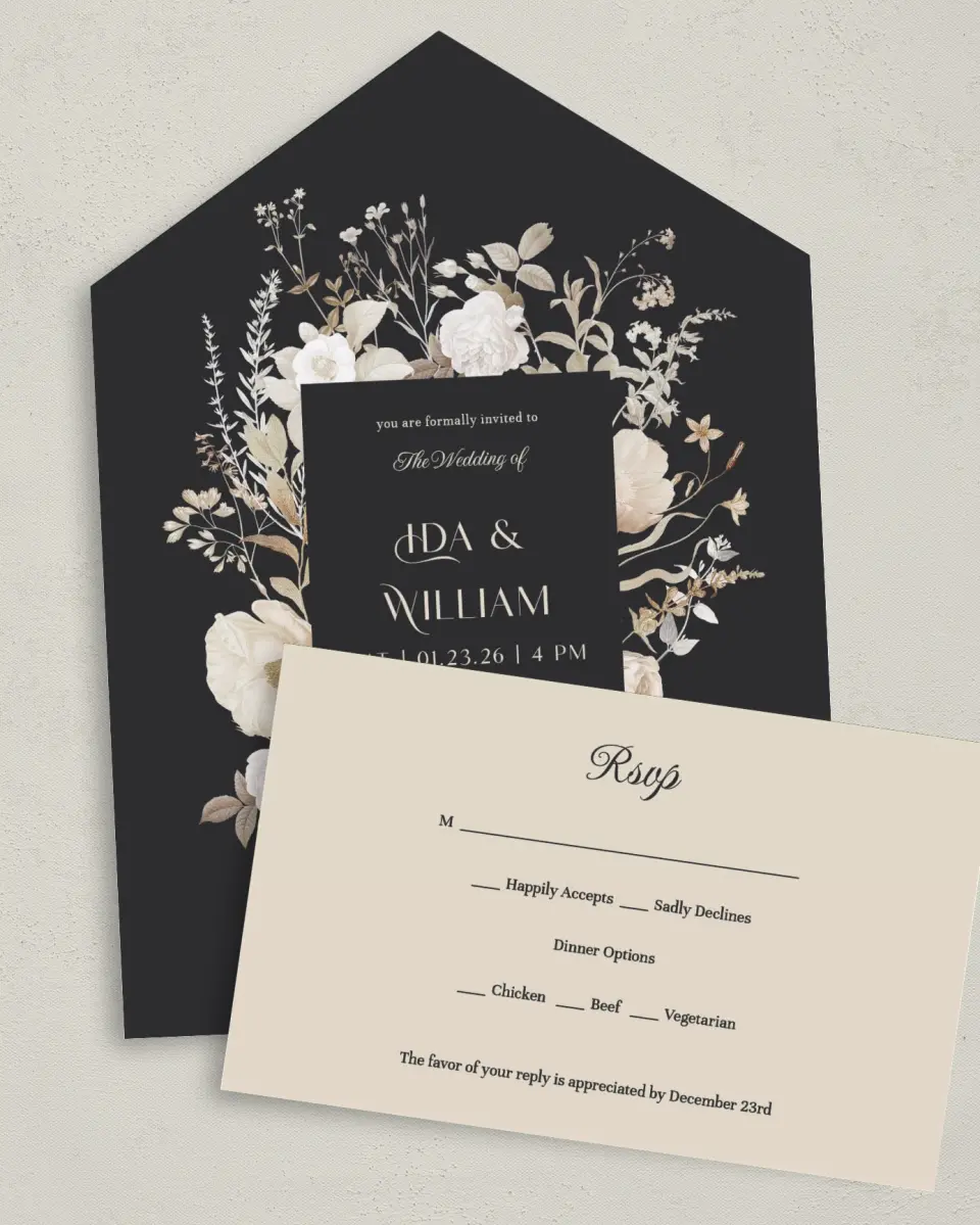 This is a 6" x 4½" All-in-One Wedding Invitation called Winter Wildflowers printed in full color on Premium Smooth paper