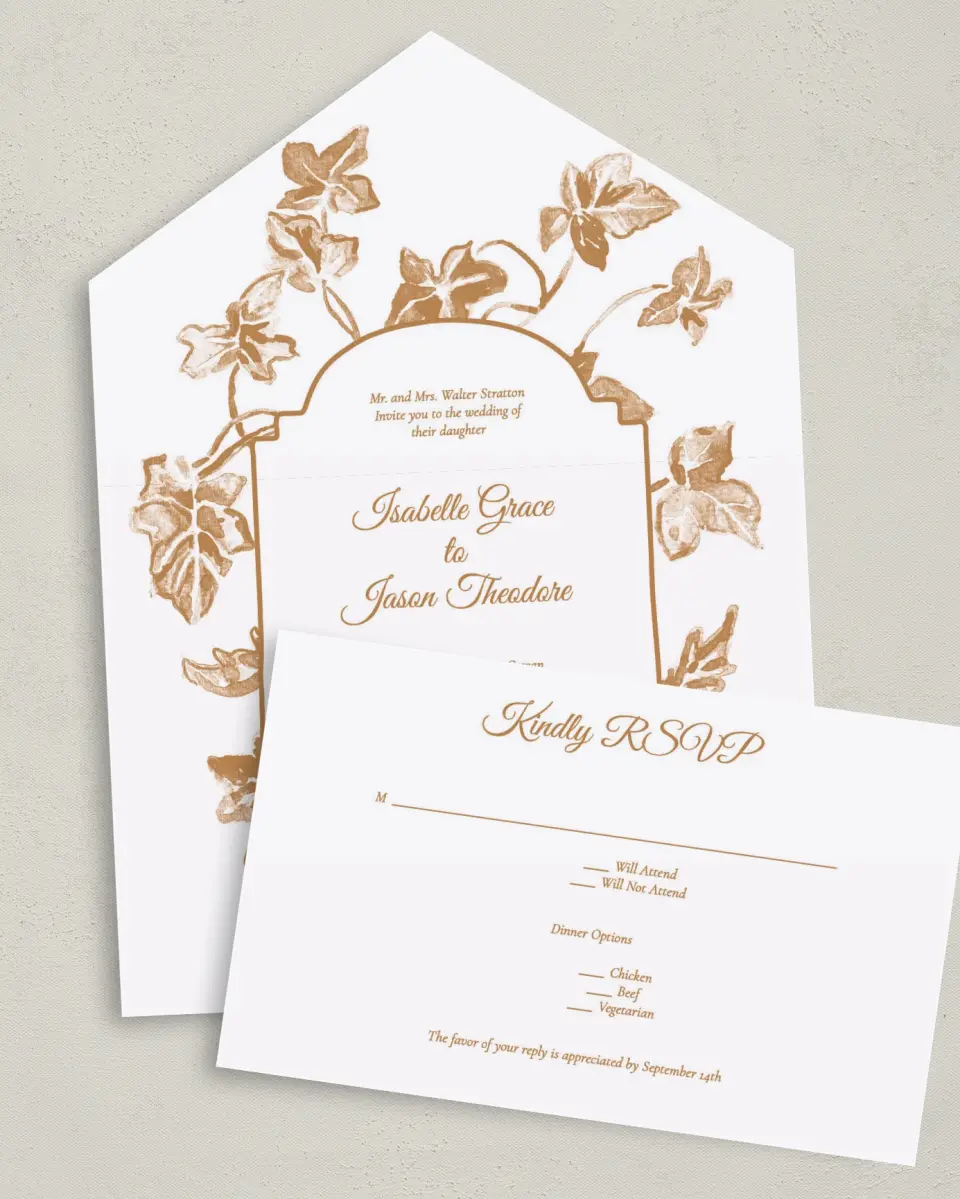 This is a 6" x 4½" All-in-One Wedding Invitation called Elegant Autumn printed in full color on Premium Smooth paper
