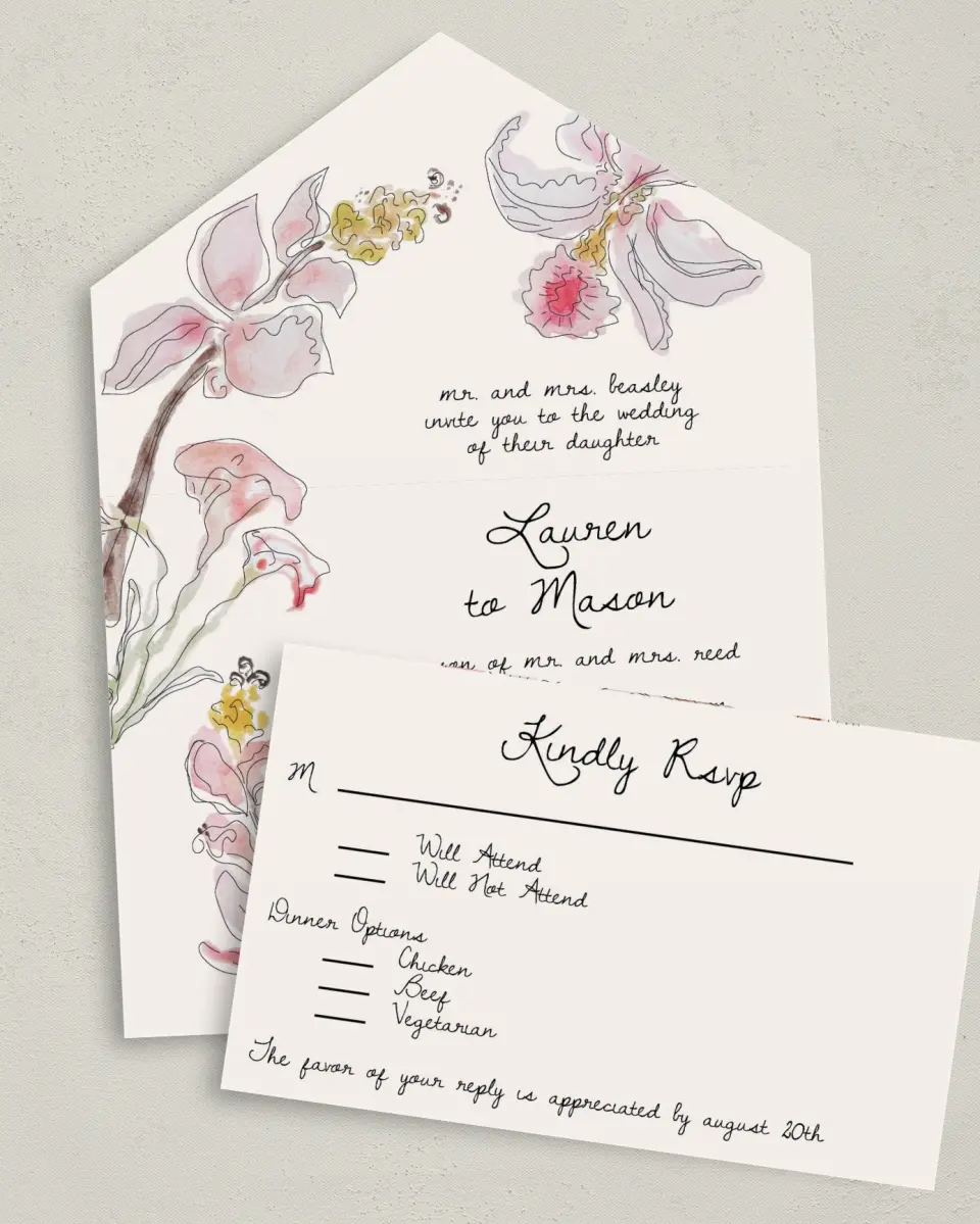 This is a 6" x 4½" All-in-One Wedding Invitation called Forever Bud printed in full color on Premium Smooth paper