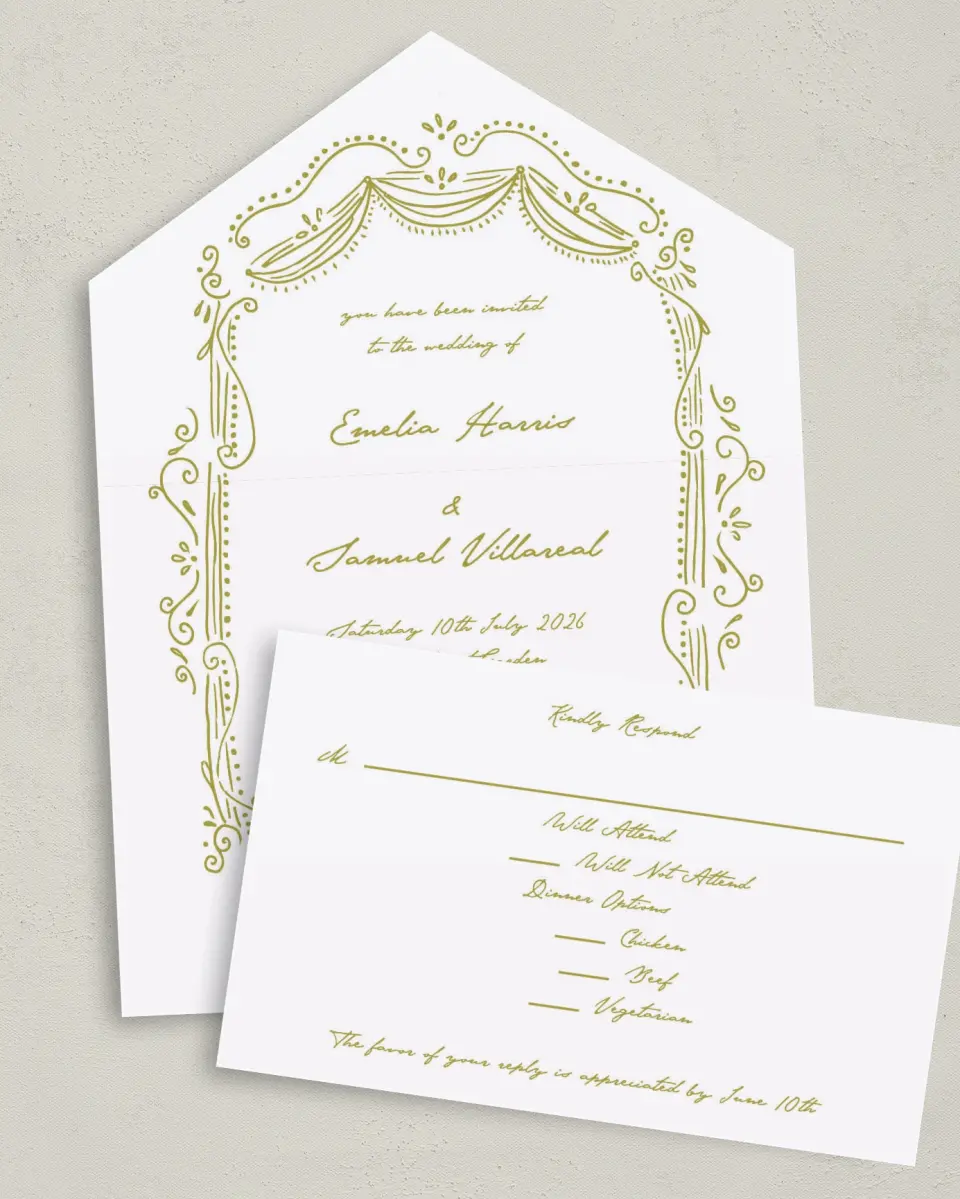 This is a 6" x 4½" All-in-One Wedding Invitation called With Love printed in full color on Premium Smooth paper