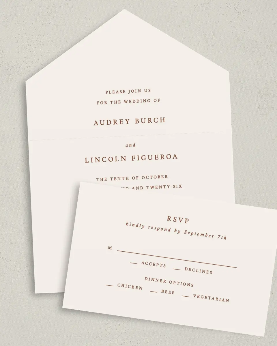 This is a 6" x 4½" All-in-One Wedding Invitation called Autumn Vow printed in full color on Premium Smooth paper