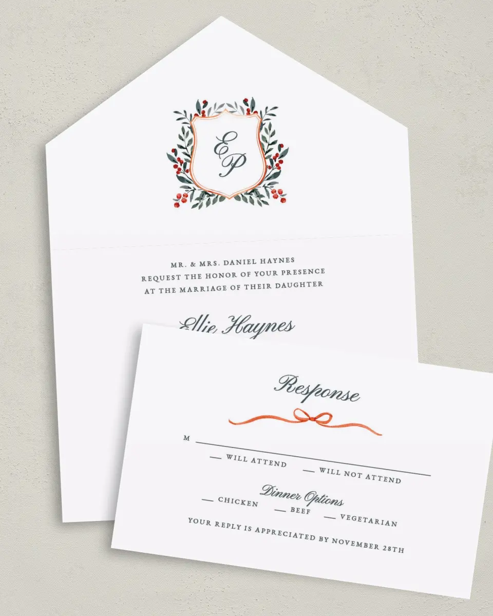 This is a 6" x 4½" All-in-One Wedding Invitation called Heirloom Holly printed in full color on Premium Smooth paper