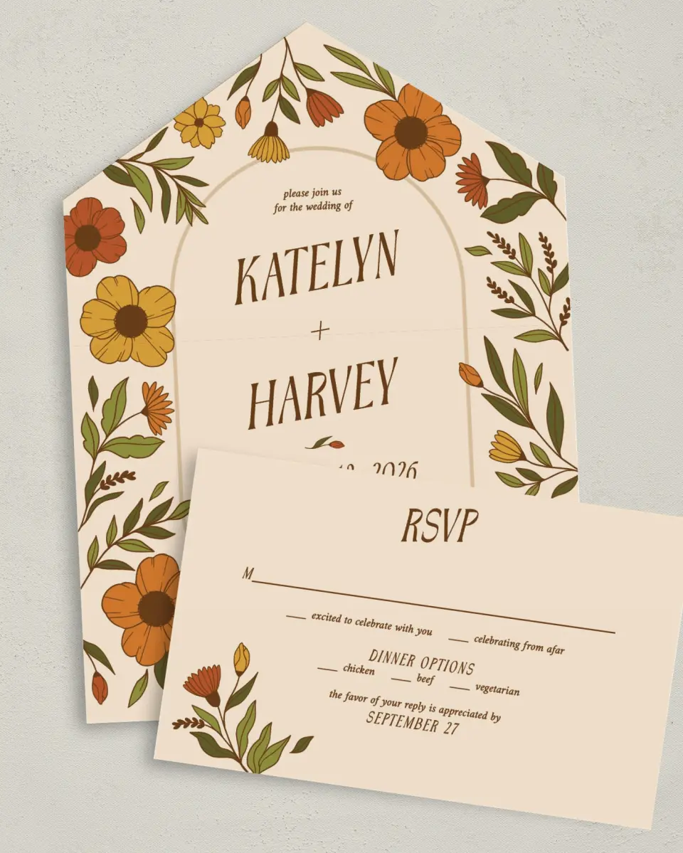 This is a 6" x 4½" All-in-One Wedding Invitation called Wild + Bright printed in full color on Premium Smooth paper