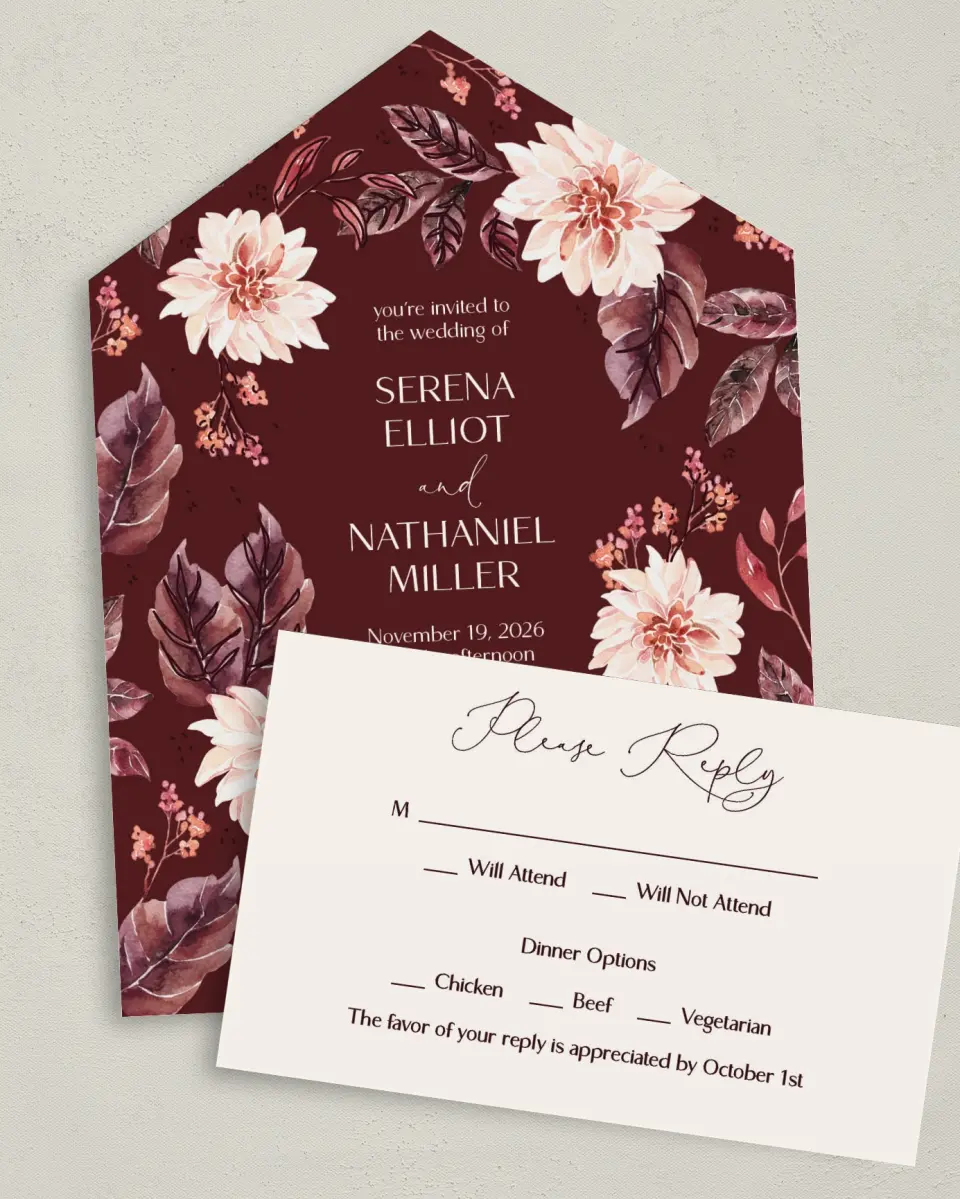 This is a 6" x 4½" All-in-One Wedding Invitation called Fall Florals printed in full color on Premium Smooth paper
