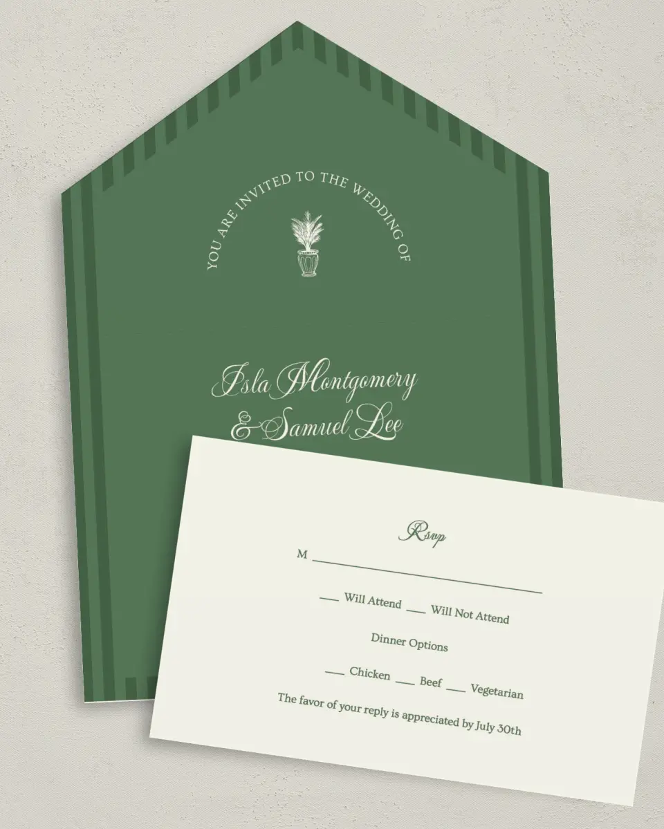 This is a 6" x 4½" All-in-One Wedding Invitation called Warwick printed in full color on Premium Smooth paper