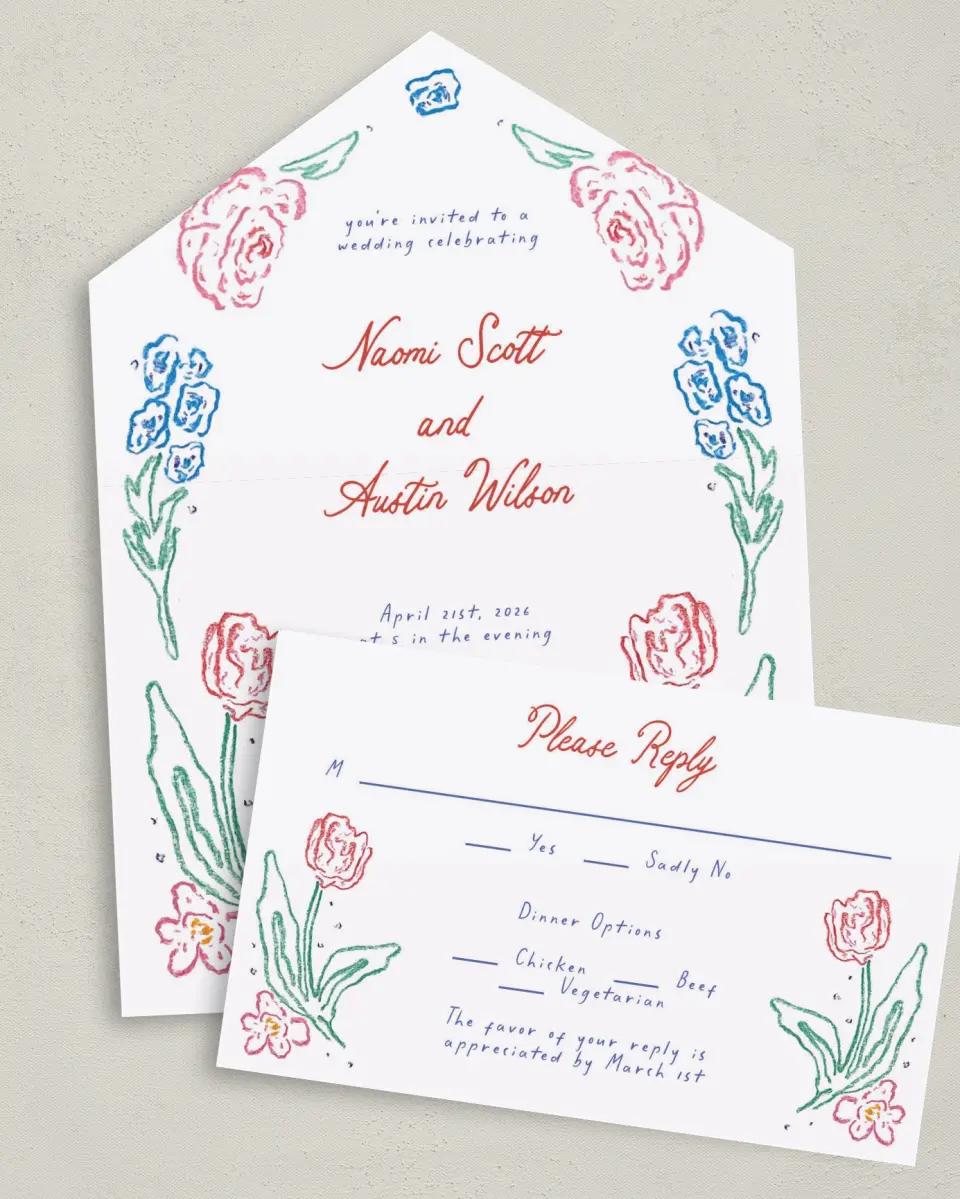 This is a 6" x 4½" All-in-One Wedding Invitation called Whimsy Love printed in full color on Premium Smooth paper