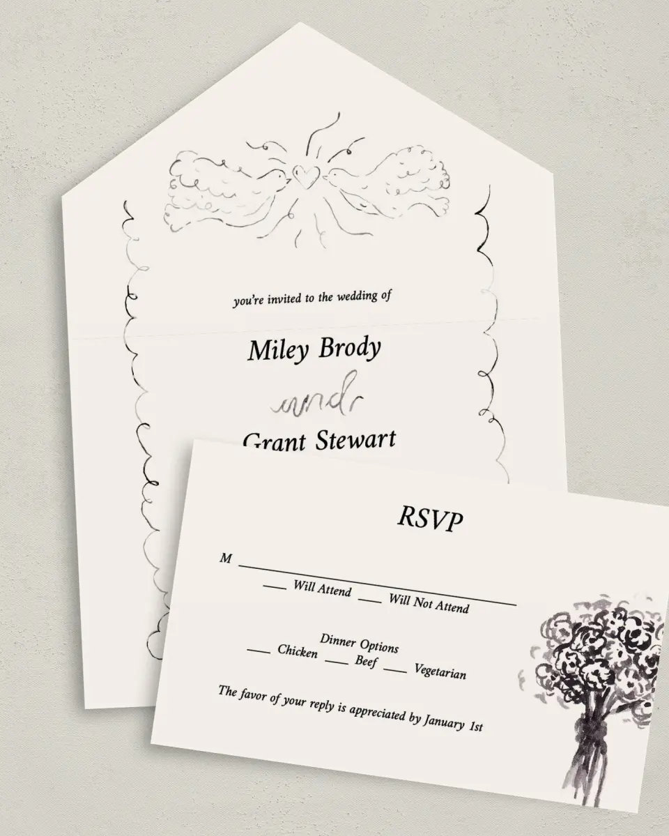 This is a 6" x 4½" All-in-One Wedding Invitation called Mi Amor printed in full color on Premium Smooth paper