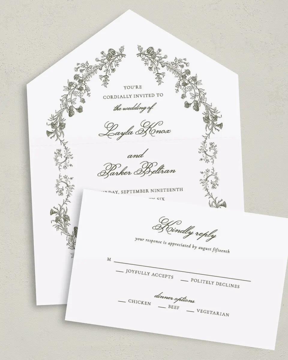 This is a 6" x 4½" All-in-One Wedding Invitation called Holderness printed in full color on Premium Smooth paper
