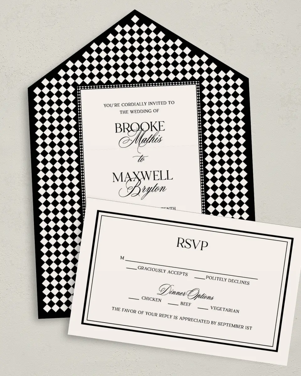 This is a 6" x 4½" All-in-One Wedding Invitation called Greenwich printed in full color on Premium Smooth paper