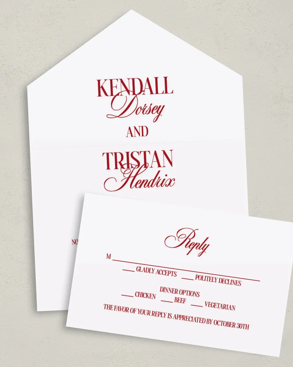 This is a 6" x 4½" All-in-One Wedding Invitation called Montecito printed in full color on Premium Smooth paper