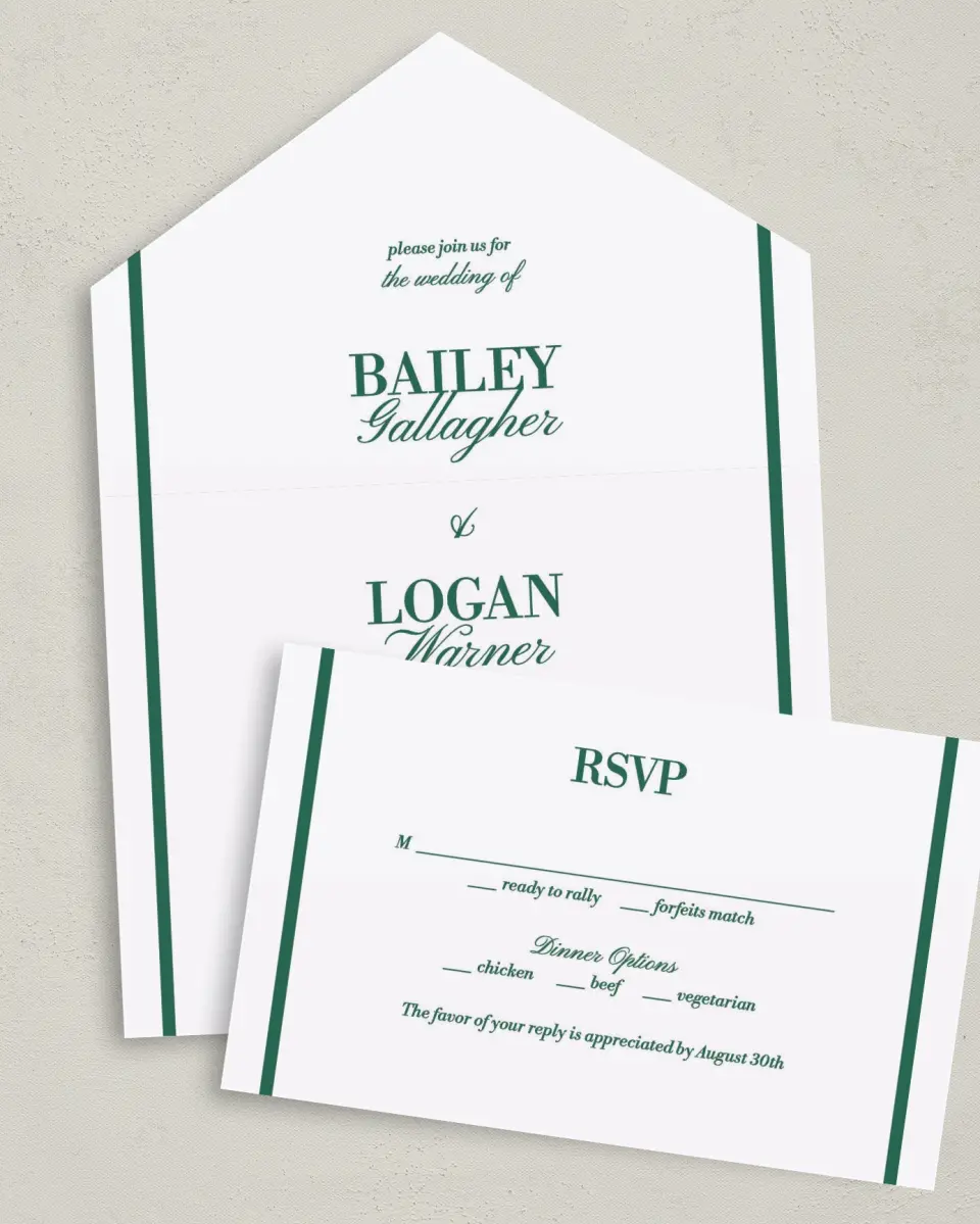 This is a 6" x 4½" All-in-One Wedding Invitation called Serving Up Forever printed in full color on Premium Smooth paper